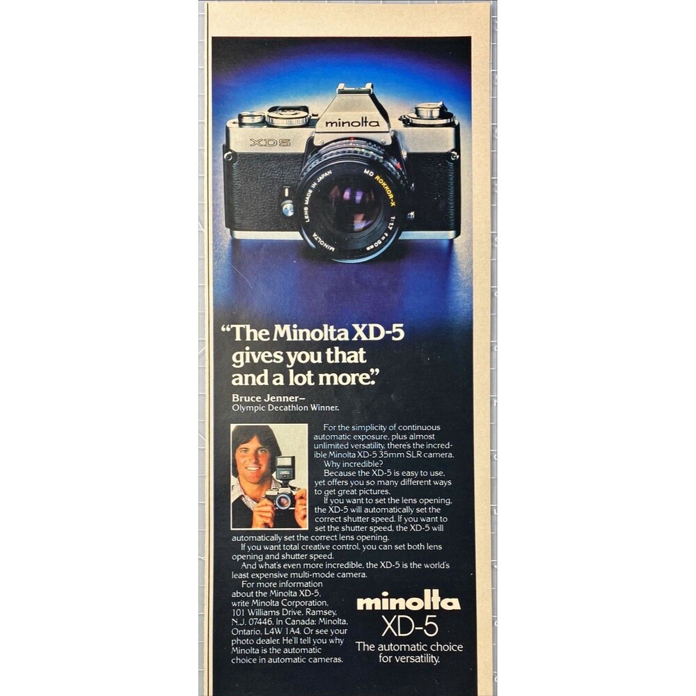 Minolta XD-5 Camera "Bruce Jenner Olympic Decathlon Winner Recommends" Ad 1979